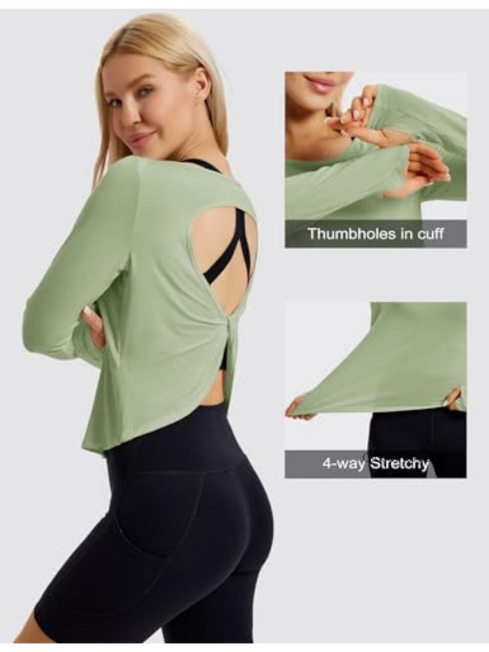 Open Back Crop Top Long Sleeve Boat Neck Yoga Shirt with Thumb Holes - Picture 3 of 6